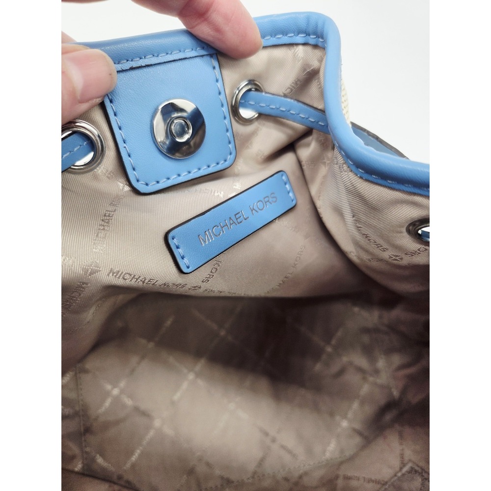 Michael Kors Maeve Ivory Canvas Blue Leather Trim Bucket Shoulder Bag Shoulder S - Picture 8 of 8